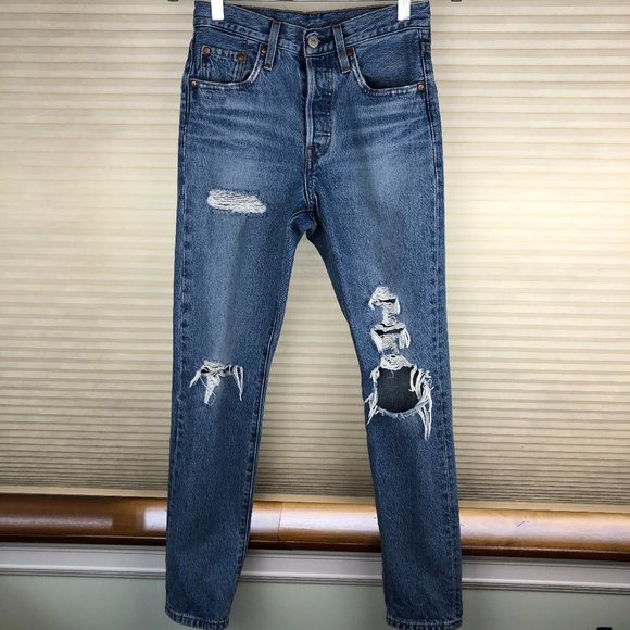 Levi's Premium 501 S Distressed High Waist Button Fly Skinny Jeans Festival - Picture 1 of 15